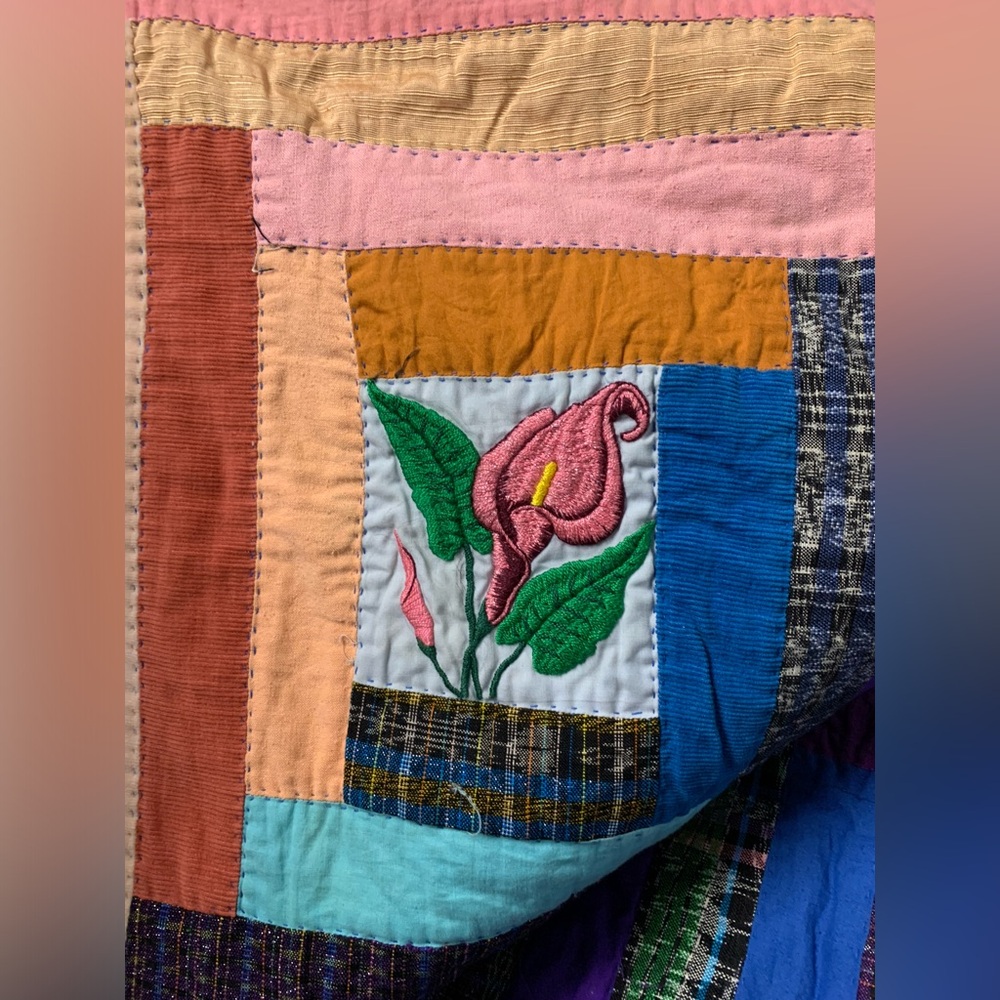 Vintage 1980s Handmade Patchwork Quilt Large 88x100 Multicolor Cotton Bedding - Picture 8 of 15